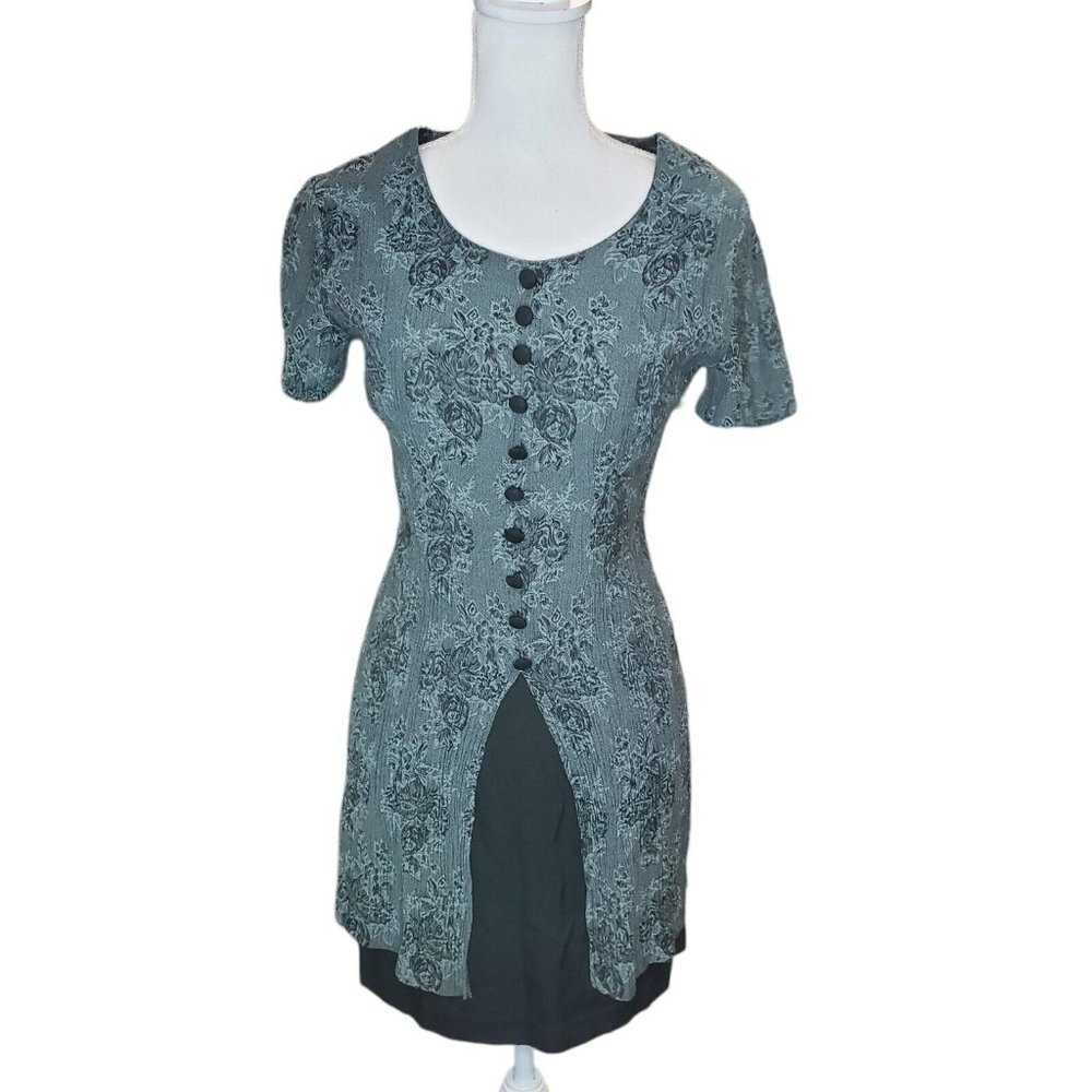 Vintage 90s Dark Floral Crinkle Rayon Mini Dress Green‎ Black Small 4 6